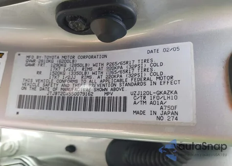 2005 Lexus Gx 470 из США, поврежденный, VIN JTJBT20X550079162